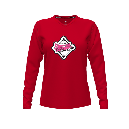 [FTLVPTRD-FYXS-LOGO2] Decker Performance T-Shirt (Female Youth XS, Red, V Neck, Logo 2, Long Sleeve)